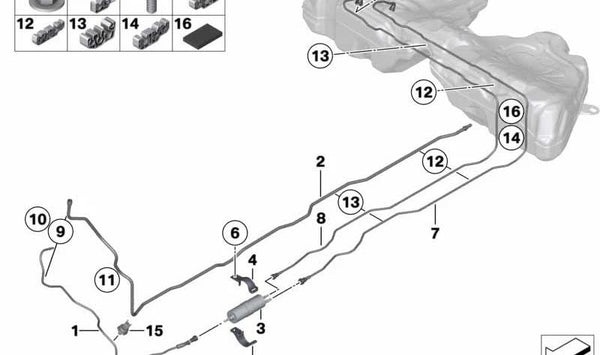 Tubería de retorno de combustible trasera OEM 16127229786 para BMW F18. Original BMW.