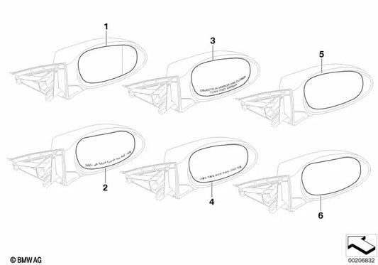 Cristal de espejo calentado, gran angular derecha para BMW E81, E82, E87N, E88, E90N, E91N, E92, E92N, E93, E93N (OEM 51167252902). Original BMW