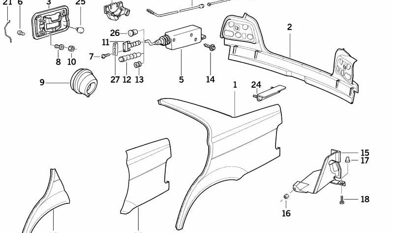 Sección trasera de la aleta lateral izquierda OEM 41351977525 para BMW E36. Original BMW.