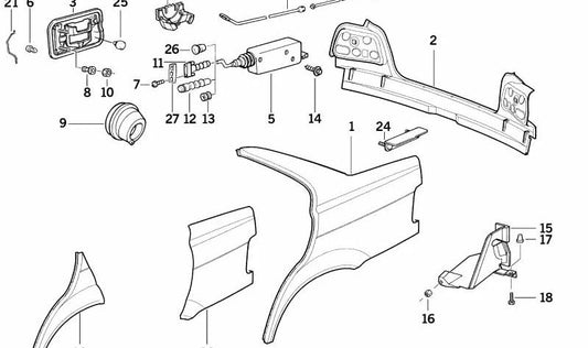 Sección trasera de la aleta lateral izquierda OEM 41351977525 para BMW E36. Original BMW.