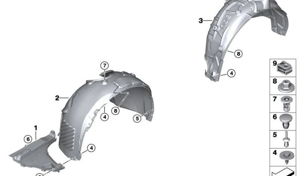 Cubierta del paso de rueda delantero izquierdo para BMW X1 U11 (OEM 51719465697). Original BMW.