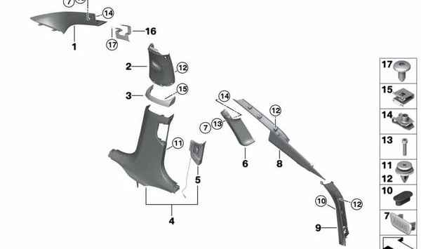 Embellecedor Pilar A izquierdo para BMW Serie 6 G32, G32N (OEM 51437445251). Original BMW