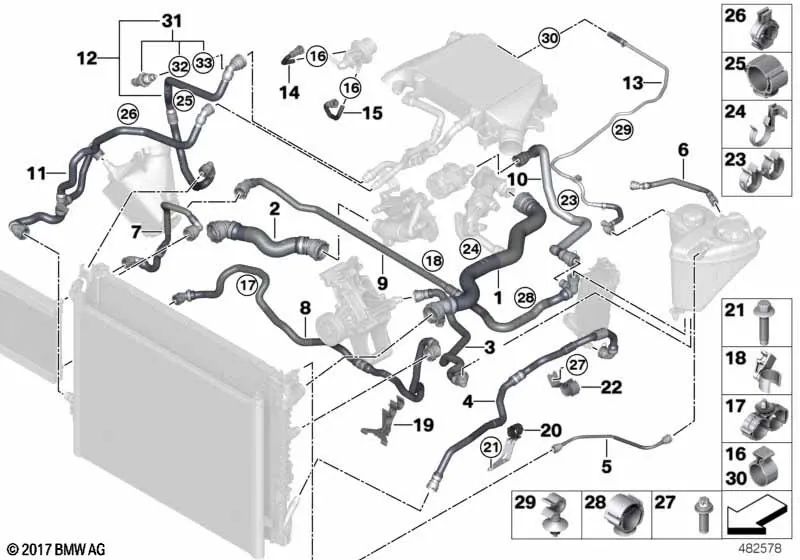 Tubo del depósito de expansión para BMW Serie 5 G30, G30N, G31, G31N, Serie 7 G11, G11N, G12, G12N (OEM 17128575766). Original BMW