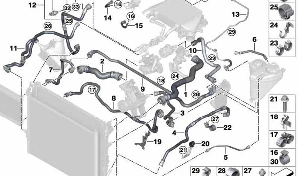 Tubo módulo de succión-depósito de compensación para BMW Serie 5 G30, G31, Serie 7 G11, G12 (OEM 17128575748). Original BMW