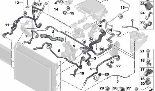 Tubería del Radiador de Refrigerante para BMW Serie 5 G30, G31 Serie 7 G11, G12 (OEM 17128475301). Original BMW