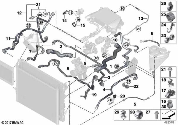 Tubo depósito-compensador de cabezal de cilindro para BMW G30, G30N, G31, G31N, G11, G11N, G12, G12N (OEM 17128579940). Original BMW.