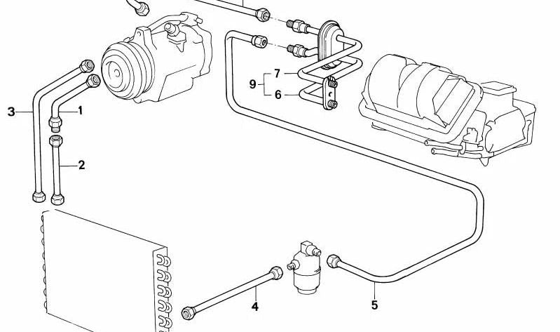 Tubería de alta presión del compresor al condensador OEM 64531375972 para BMW E28. Original BMW.