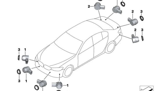 Sensor ultrassônico Glaciersilber para BMW Série 2 F45, F46, Série 5 G30, G31, G38, Série 6 G32, Série 7 G11, G12, X1 F48, X2 F39, X3 G01, X4 G02, X5 F15, X6 F16 (OEM 66209283754). BMW originais.