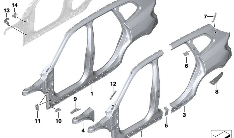 Soporte interior derecho del paso de rueda OEM 41305A52CC8 para BMW (Modelos compatibles: G30, G31). Original BMW.