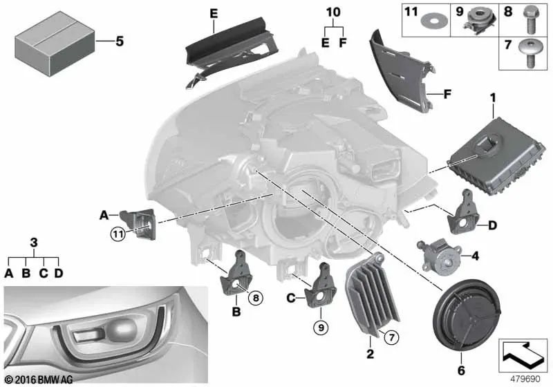 Regulador de altura de luces para BMW E90N, E91N, F10, F11, F18N, F01, F02, F04, I01, I12, I15, E84, F48, F49, F25, F26 (OEM 63117046049). Original BMW.