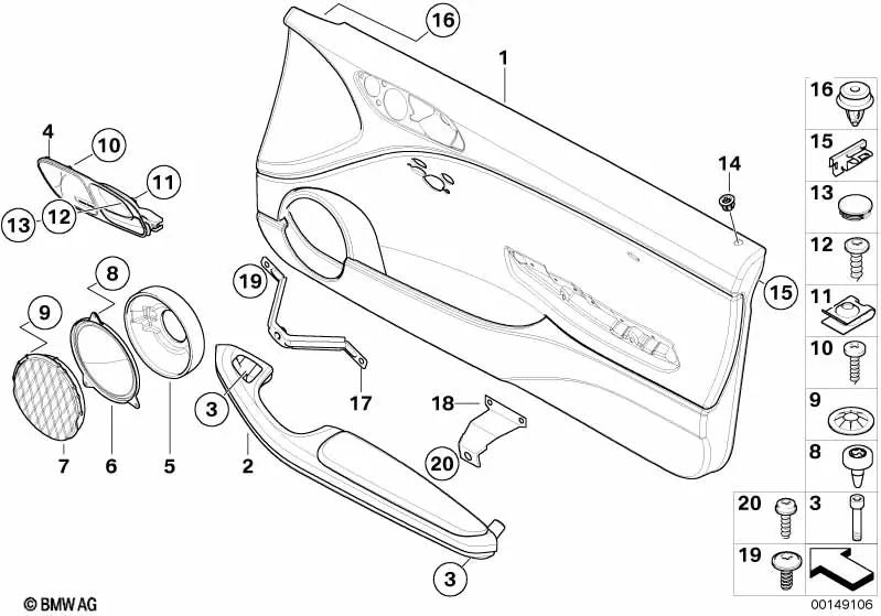 Soporte del revestimiento de puerta trasera inferior para BMW Serie 3 E46 (OEM 51417895935). Original BMW.