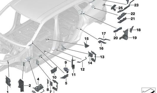 Linkes äußeres unteres B-Säulenteil für BMW X5 F95, G05, G18, X6 F96, G06, X7 G07, XM G09 (OEM 41007412061). Original BMW