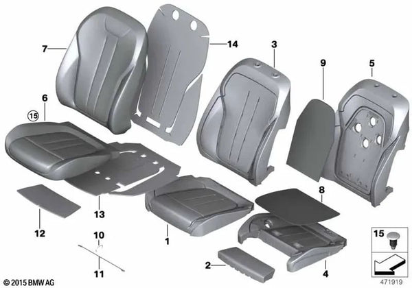 Parte del cojín del asiento derecho para BMW F15, F16 (OEM 52107386373). Original BMW.