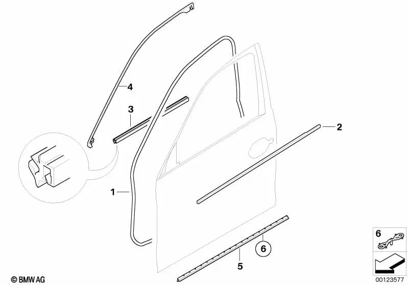 Cubierta de la ranura exterior puerta delantera izquierda para BMW E60, E60N, E61, E61N (OEM 51217207259). Original BMW