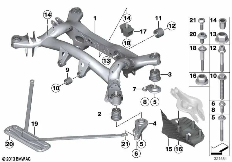 Soporte de goma delantero para BMW Serie 1 F20, F21; Serie 2 F22, F23; Serie 3 F30, F31, F34, F35; Serie 4 F32, F33, F36 (OEM 33316792513). Original BMW