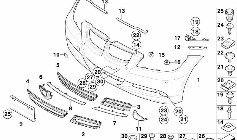 Rejilla delantera derecha parcialmente abierta OEM 51117154552 para BMW E90, E91. Original BMW.