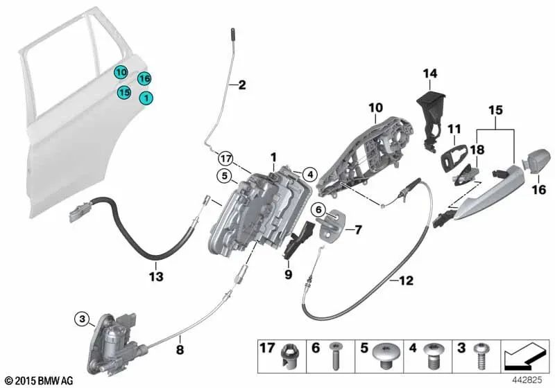 Left rear Bowden cable lock for BMW X6 F16, F86 (OEM 51207419843). Genuine BMW