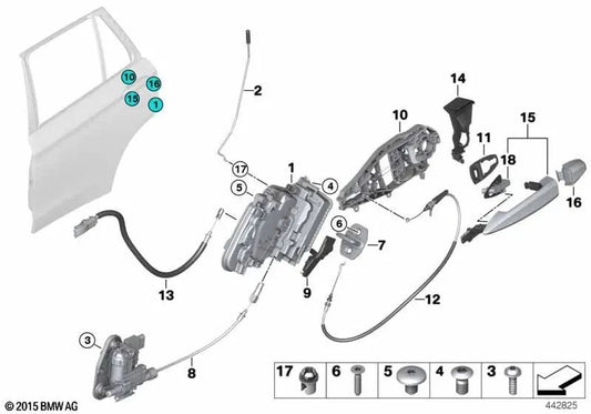 Cable Bowden trasero izquierdo para BMW X5 F15, F85 (OEM 51207419841). Original BMW.