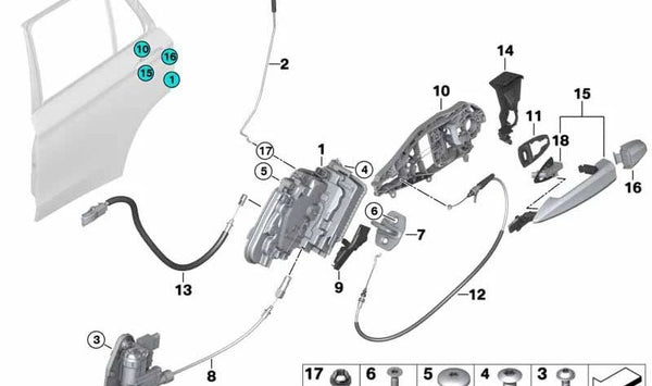 Cerradura con cable Bowden puerta trasera derecha OEM 51207419842 para BMW F15, F85. Original BMW.