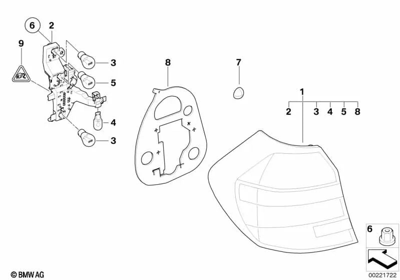 Portalamparas de luz trasera izquierda para BMW E81, E87N (OEM 63217164963). Original BMW.