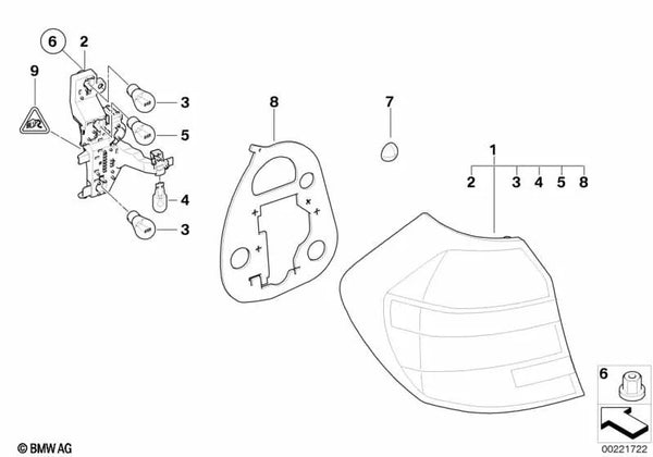 Portalamparas de luz trasera izquierda para BMW E81, E87N (OEM 63217164963). Original BMW.