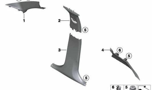 Embellecedor pilar C derecho para BMW Serie 1 F20, F20N (OEM 51437250206). Original BMW.