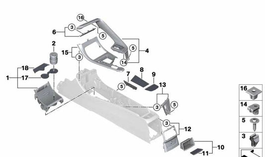 Portavasos para BMW X1 F48, F49N, X2 F39 (OEM 51169381047). Original BMW