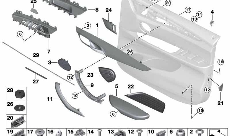 Protector interior delantero izquierdo OEM 51427292467 para BMW F15, F85, F16, F86. Original BMW.