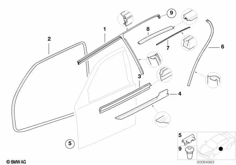 Junta de puerta delantera para BMW E36 (OEM 51728196291). Original BMW