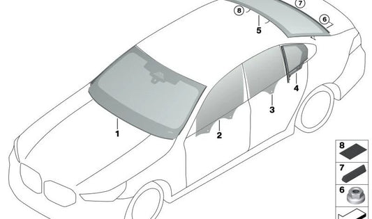 Cristal lateral de puerta delantera derecha OEM 51335A08A88 para BMW Serie 3 (G20, G21) y Serie 4 (G22, G23, G26). Original BMW