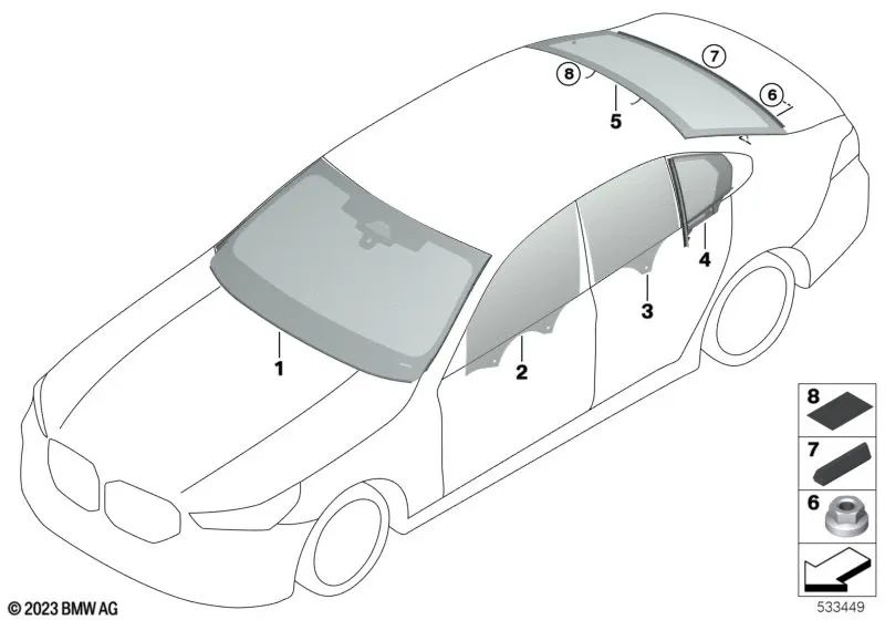 Cristal lateral fijo trasero izquierdo para BMW Serie 5 G60 (OEM 51355A058C7). Original BMW.