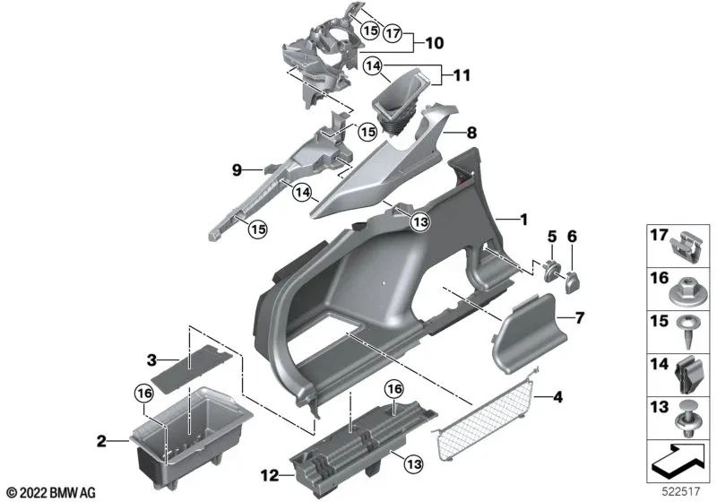 Left trunk rail trim for BMW G26, G26E, G26F, G26N (OEM 51479871041). Original BMW.