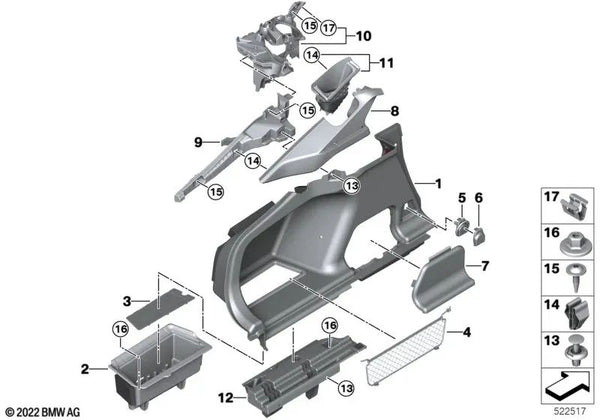 Revestimiento de barandilla del maletero izquierdo para BMW G26, G26E, G26F, G26N (OEM 51479871041). Original BMW.