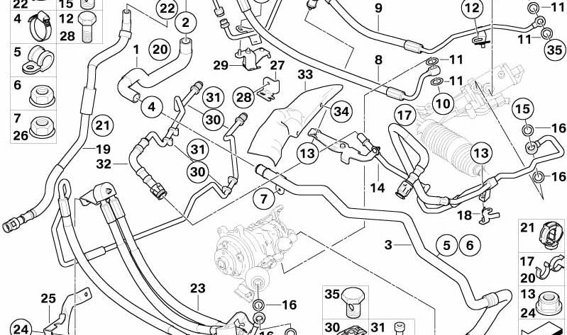 Tubo de retorno de dirección asistida OEM 32416773988 para BMW Serie 5 (E60, E61) y Serie 6 (E63, E64). Original BMW.