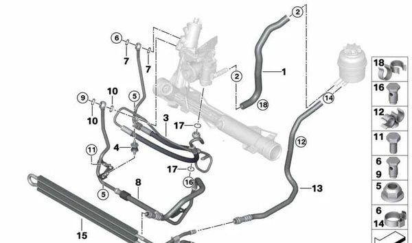 Dehnschlauch para BMW Serie 1: E81, E82, E87, E87N, E88; Serie 3: E90, E90N, E91, E91N, E92, E92N, E93, E93N (OEM 32416784335). Original BMW.