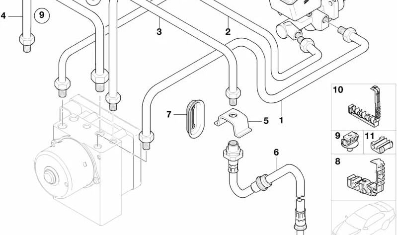 Soporte de la línea de frenos para BMW Serie 1 E81, E82, E87, E88, Serie 3 E36, E46, E90, E91, E92, E93, Serie 5 E34, E39, Serie 7 E38, Serie 8 E31, X1 E84, X5 E53, Z8 E52 (OEM 34301161568). Original BMW