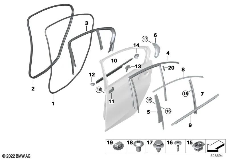 Right rear door window frame cover for BMW G20 (OEM 51359483228). Genuine BMW