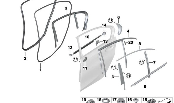 Sellado del borde de la puerta trasera izquierda para BMW G20, G21, G28, G80, G81 (OEM 51357437449). Original BMW