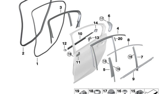 Cubierta de canaleta de puerta trasera derecha para BMW Serie 3 G20, G80 (OEM 51337465152). Original BMW