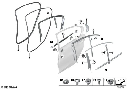 Sellado de la moldura del pilar B puerta trasera derecha para BMW G20, G21, G28, G80, G81, G20N, G21N, G28N (OEM 51357437454). Original BMW.