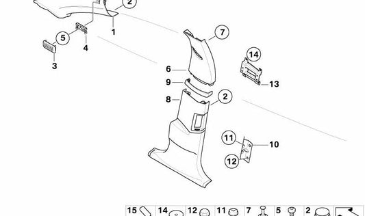 Lower left middle pillar trim for BMW E65, E66 (OEM 51439178697). Original BMW.