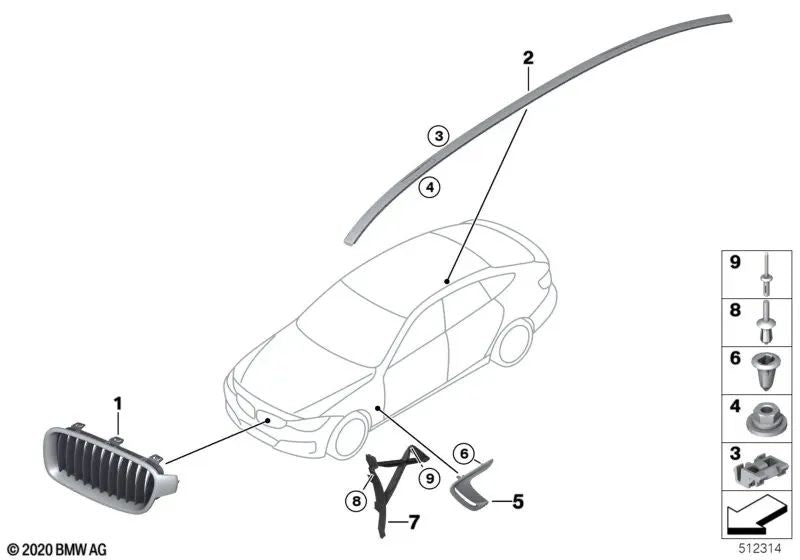 Left primed roof molding for BMW 3 Series F34, F34N (OEM 51137338835). Genuine BMW