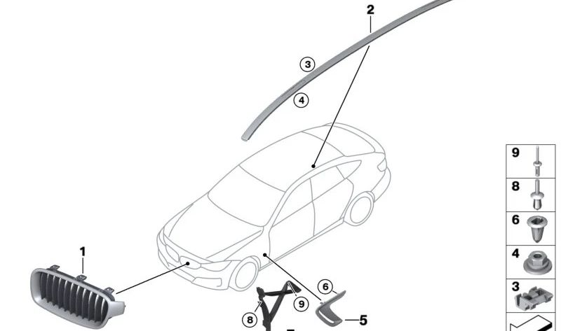 Rejilla decorativa delantera derecha OEM 51135A3D036 para BMW F34, R50. Original BMW.