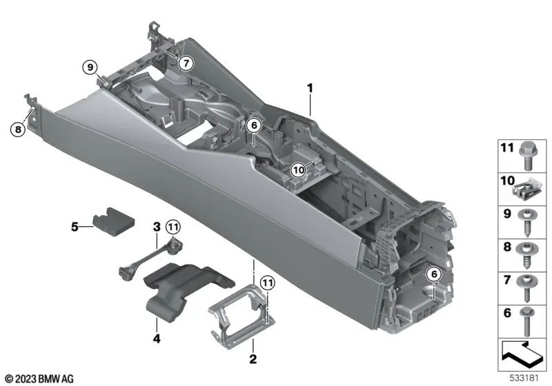 Center console for BMW 5 Series G60, G61 (OEM 51165A4FC40). Genuine BMW