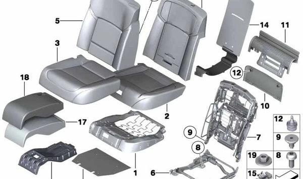 Soporte central de asiento OEM 52207274774 para BMW F01, F02, F04. Original BMW.