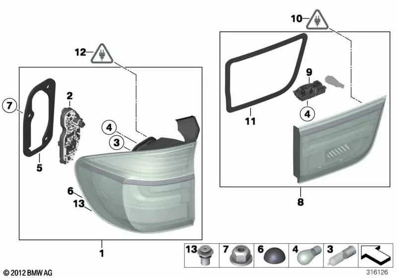 Lamp holder, rear light, left side panel for BMW E70, E70N (OEM 63217262573). Original BMW