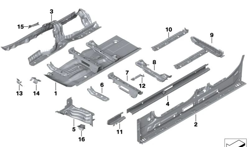 Placa de suelo derecha OEM 41007487120 para BMW G20, G21, G80, G81 y G26. Original BMW.