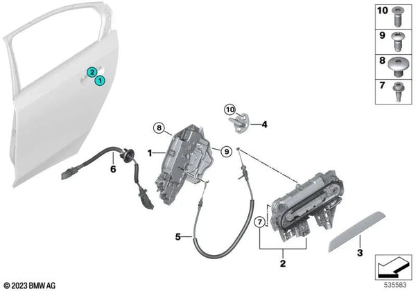 Cerradura del sistema trasera derecha para BMW F70 Serie 1, U06 Serie 2, G60 Serie 5, G61 Serie 5, G68 Serie 5, G90 Serie 5, U11 X1, U10 X2, G45 X3 (OEM 51225A160C2). Original BMW.