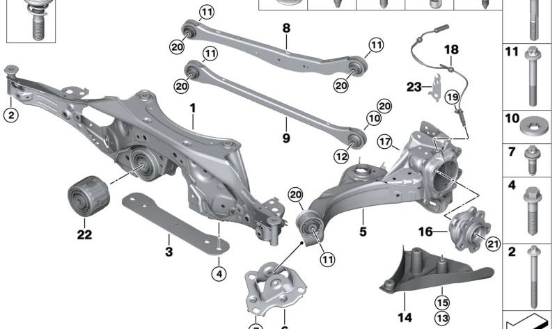 Eslabón longitudinal derecho para BMW F70, U06 (OEM 33306894208). Original BMW