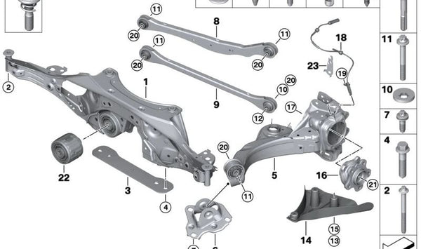 Eslabón longitudinal derecho para BMW F70, U06 (OEM 33306894208). Original BMW